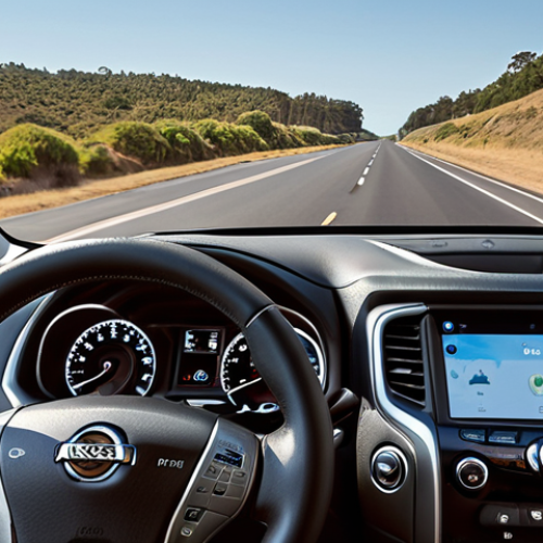 **

A Nissan Pathfinder driving on a highway with ProPILOT Assist engaged. The scene is bright and sunny. Focus on the dashboard display showing the ProPILOT Assist system actively maintaining lane and distance from the car ahead. The car should appear stable and confident on the road.  The overall feel should be safe, advanced, and relaxing.

**