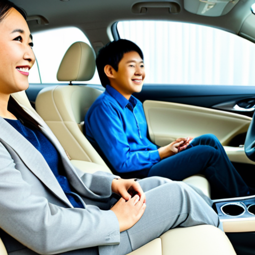 A professional Asian family, consisting of a father, mother, and one child (around 8-10 years old), fully clothed in modest, comfortable, and contemporary attire, are comfortably seated inside the spacious interior of a new model Nissan Altima. The car is parked within a brightly lit, modern car showroom, showcasing its 'mobile sofa' comfort. The family members are smiling gently, conveying a sense of relaxation and satisfaction. The scene highlights the comfortable seating, premium interior materials, and ample legroom. Natural light filters in through large windows. Perfect anatomy, correct proportions, natural pose, well-formed hands, proper finger count, natural body proportions, professional photography, high quality, realistic rendering, safe for work, appropriate content, fully clothed, family-friendly.