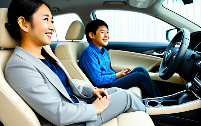 A professional Asian family, consisting of a father, mother, and one child (around 8-10 years old), fully clothed in modest, comfortable, and contemporary attire, are comfortably seated inside the spacious interior of a new model Nissan Altima. The car is parked within a brightly lit, modern car showroom, showcasing its 'mobile sofa' comfort. The family members are smiling gently, conveying a sense of relaxation and satisfaction. The scene highlights the comfortable seating, premium interior materials, and ample legroom. Natural light filters in through large windows. Perfect anatomy, correct proportions, natural pose, well-formed hands, proper finger count, natural body proportions, professional photography, high quality, realistic rendering, safe for work, appropriate content, fully clothed, family-friendly.