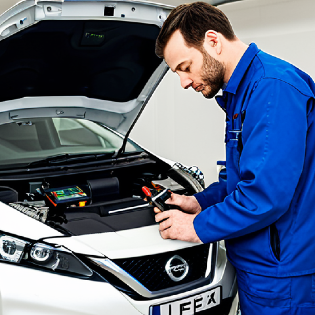 Battery Health Check**
A mechanic, fully clothed in professional work attire, is inspecting the battery of a Nissan Leaf in a well-lit garage. The mechanic is using a diagnostic tool, and the car's dashboard is visible, displaying battery health information. Background includes tools and equipment neatly arranged. Safe for work, appropriate content, perfect anatomy, correct proportions, natural pose, professional, family-friendly, high quality.
**