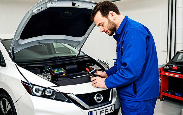 Battery Health Check**

A mechanic, fully clothed in professional work attire, is inspecting the battery of a Nissan Leaf in a well-lit garage. The mechanic is using a diagnostic tool, and the car's dashboard is visible, displaying battery health information. Background includes tools and equipment neatly arranged. Safe for work, appropriate content, perfect anatomy, correct proportions, natural pose, professional, family-friendly, high quality.

**