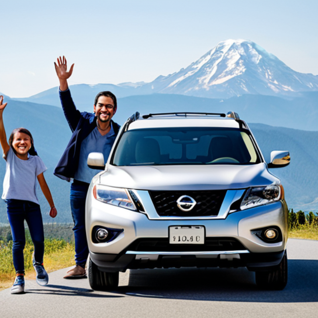 니산 패스파인더 하이브리드의 유지비 분석 - Family Road Trip**
A fully clothed, happy family (parents and two children) smiling and waving from...